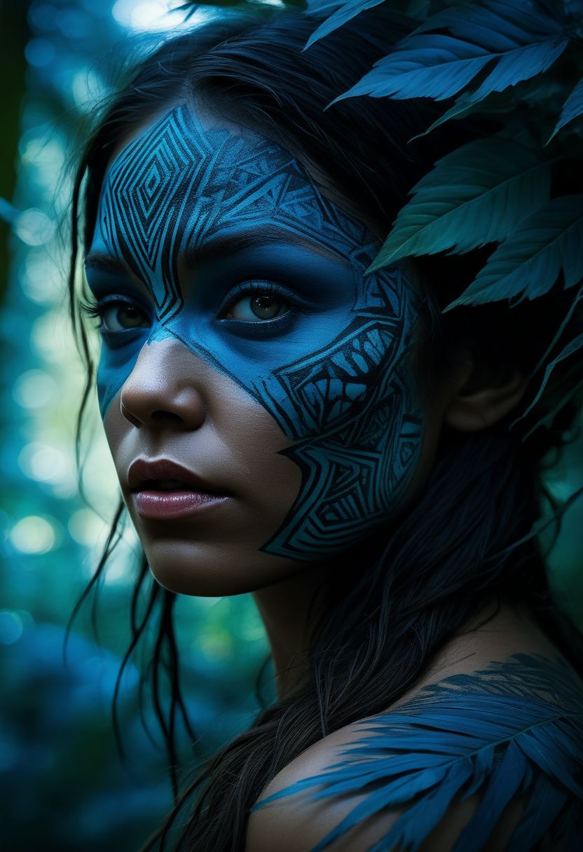 mysterious silhouette of a tribal woman, jungle, (blue warpaint over eyes only), goddess, alluring, by Minjae Lee, Carne Griffiths, Emily Kell, Steve McCurry, Geoffroy Thoorens, Aaron Horkey, Jordan Grimmer, Greg Rutkowski, amazing depth, double exposure, surreal, geometric patterns, intricately detailed, bokeh,  perfect balanced, deep fine borders, artistic photorealism , smooth,  great masterwork by head of prompt engineering   <lora:add-detail-xl:2>  <lora:Double_Exposure:0.5>