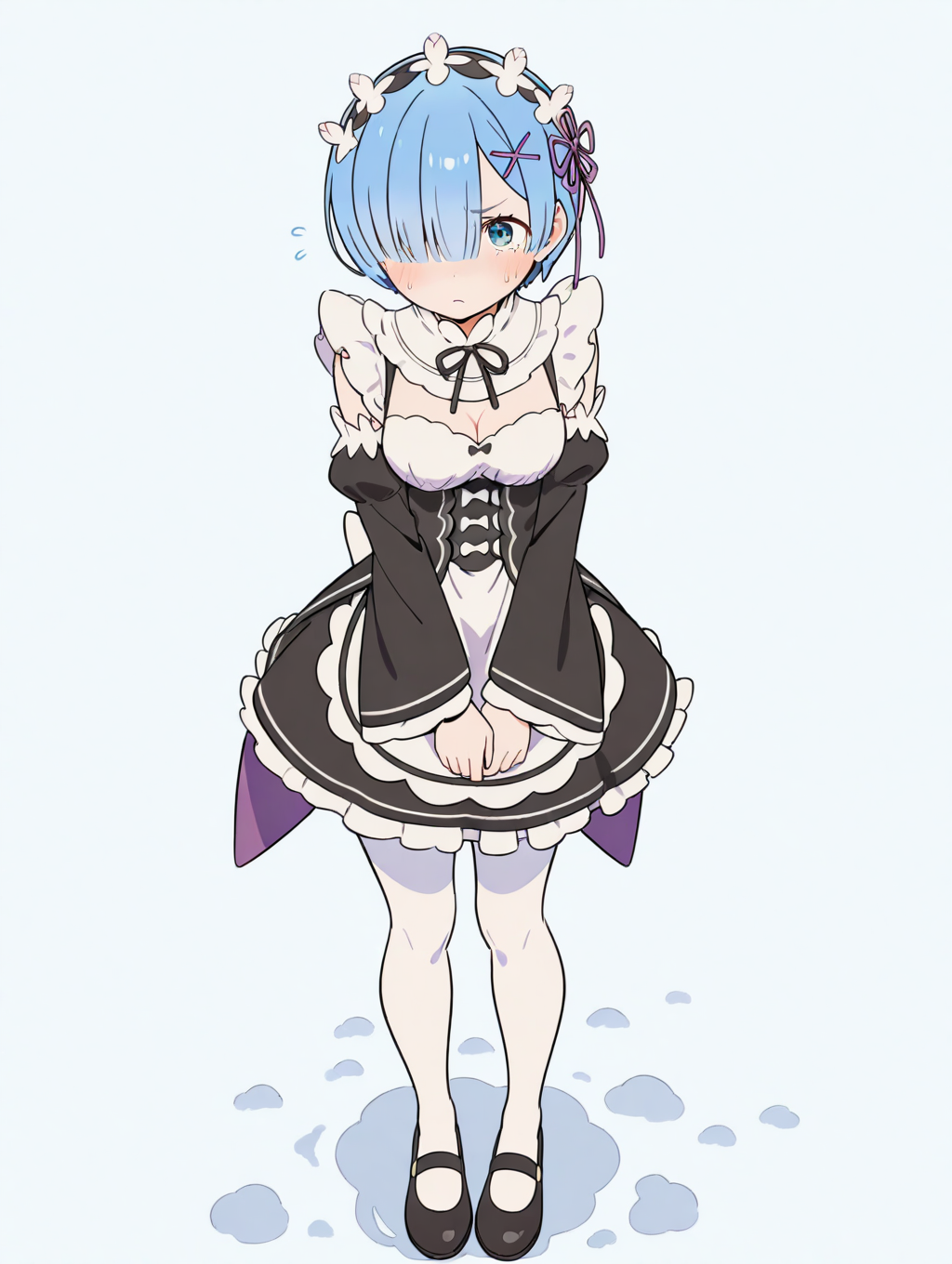 perfect quality,high quality,masterpiece,best quality,amazing quality,very aesthetic,absurdres,newest,
front view,full_shot,Tsundere,
REMCYQL,1girl,solo,short hair,blue hair,bangs,hair over one eye,ribbon,hair ribbon,purple ribbon,hair ornament,x hair ornament,maid headdress,blue eyes,neck ribbon,roswaal mansion maid uniform,maid,cleavage,underbust,black ribbon,long sleeves,detached sleeves,apron,white apron,waist apron,skirt,black skirt,frilled skirt,pantyhose,white pantyhose,frills,mary janes,black footwear,
full body,standing,v_arms,,
snow background,simple background,
<lora:ponyv4_noob1_2_adamW:0.7>,<lora:semham4:0.8>,,<lora:REM_Illustrious by Cyql:1>,