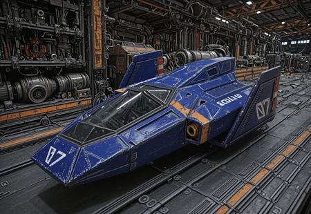 score_9, score_8_up, score_7_up, score_6_up, masterpiece, best quality, absurdres, blue_falcon, no humans, disassembled, hovering, solo, science fiction, hangar, high detail, intricate, machinery, open, engine, maintenance, text "07"