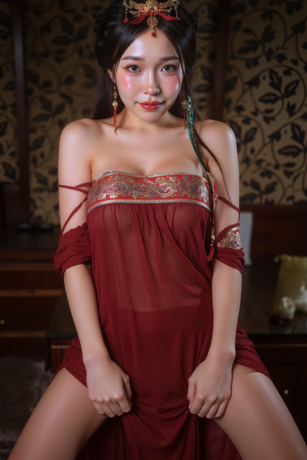 A professional, high-resolution image of a young woman is posed standing in a natural S-curve in the body silhouette. This classic posing technique creates visual interest and a sense of elegance.

She is wearing a red SGWN111Clothing. Her makeup is dramatic, with dark eyeliner and bold, glossy pink lips. 

The lighting features a high-contrast, monochromatic white color scheme that creates a moody, intimate atmosphere. 

The photography technique uses what appears to be soft lighting to create a glamorous effect, with careful attention to highlighting contours while maintaining the dominant light brown color scheme throughout the frame.

The overall aesthetic combines elements of fashion photography, traditional Asian visual motifs, and contemporary boudoir styling. The dramatic light brown lighting creates a cohesive visual theme that ties all elements of the composition together.

The white light emit on her to show her feature.