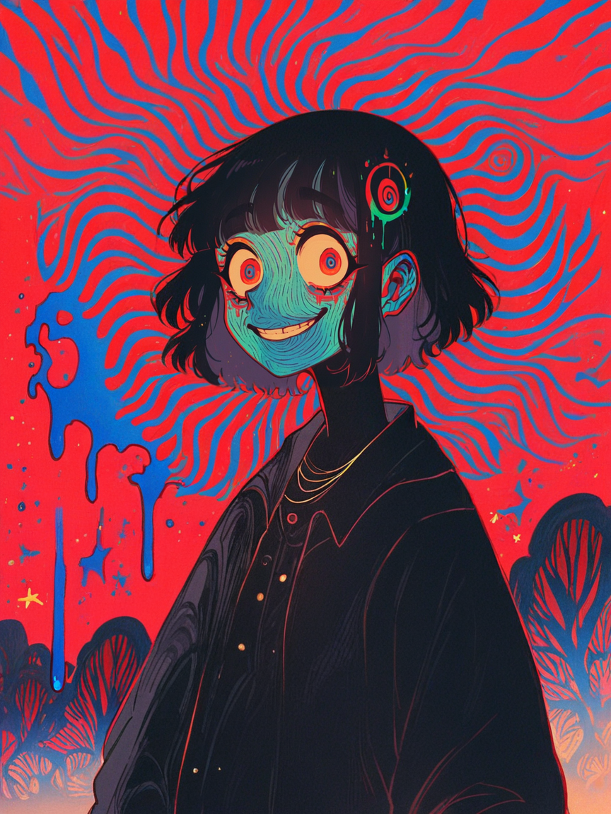 score_9, score_8_up, score_7_up, score_6_up, score_5_up, score_4_up,   <lora:f3nn3rXLP:1> f3nn3r, 1girl, colourful, pink, blue, black, red, trippy