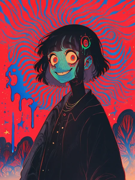 score_9, score_8_up, score_7_up, score_6_up, score_5_up, score_4_up, <lora:f3nn3rXLP:1> f3nn3r, 1girl, colourful, pink, blue, black, red, trippy