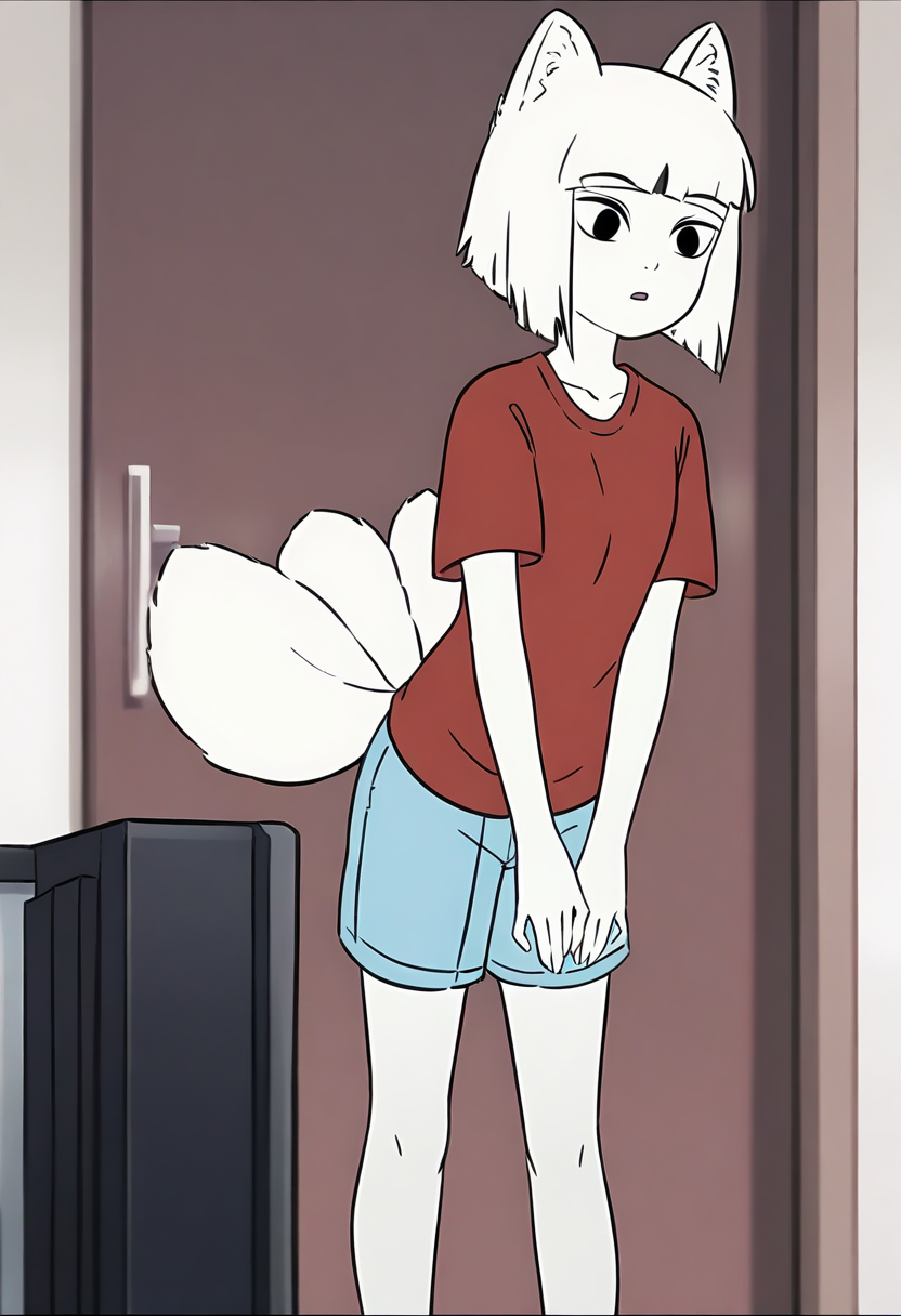 <lora:jiuyue:1>,jiuyue,1girl,solo,fox girl,animal ear fluff,black eyes,white hair,white skin,short hair,blunt bangs,fox tail,
shirt,red shirt,short sleeves,shorts,blue shorts,, masterpiece,best quality,amazing quality,absurdres, anime screenshot,