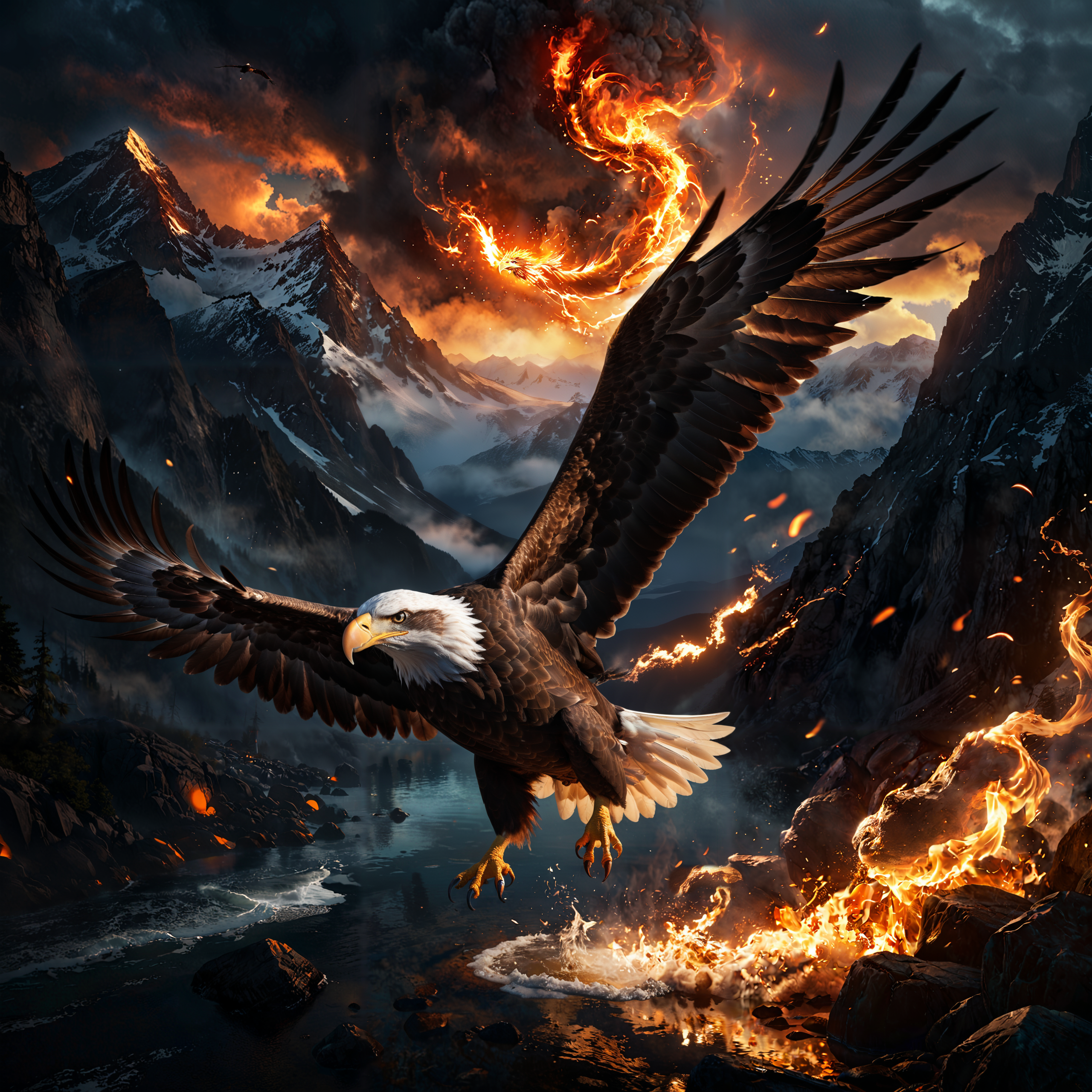 from above looking down  at artwork depicts an eagle flying and being chased by extreme elements of fire and wind and water and earth, positioned at a dynamic 1.5 angle, the background features a cinematic space with clean lines and neutral colors and a mountain, providing a stark contrast to the vibrant hues that gradually emerge, the color scheme transitions from monochrome to a spectrum of vivid tones, soft, ambient lighting is employed to create a tranquil atmosphere and accentuate the colors, the piece is characterized by stunning quality, hyper-realistic detail, and a cinematic composition with dark shadows and bright lights, aiming to evoke a sense of majesty, inspiration, and intimidation.
