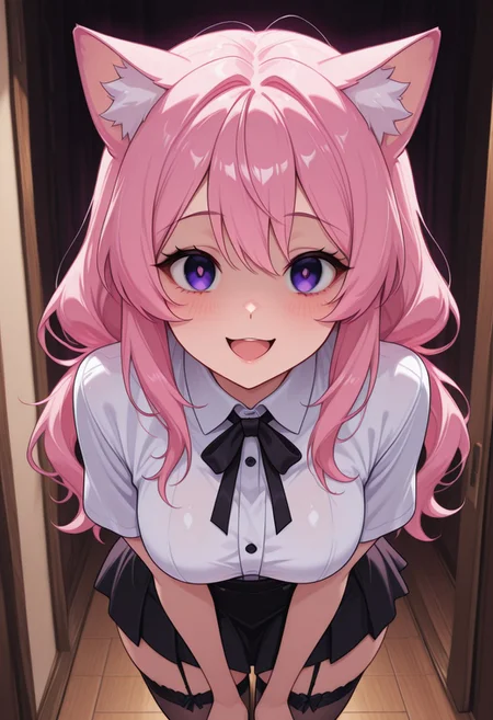 (masterpiece, best quality:1.3), purple_eyes, pink_hair, stockings, cat_ears, yandere, happy, medium breasts, loving_gaze, looking_at_viewer, BehindCatgirl, CatGirlStyle, white shirt with buttons, black skirt