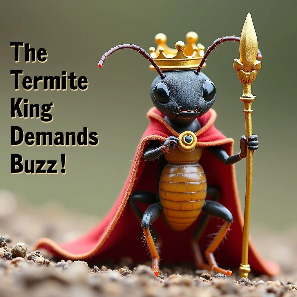 A realistic termite with a scepter wearing a king’s cape and crown.
The text on the side of the image reads “The Termite King Demands Buzz!”