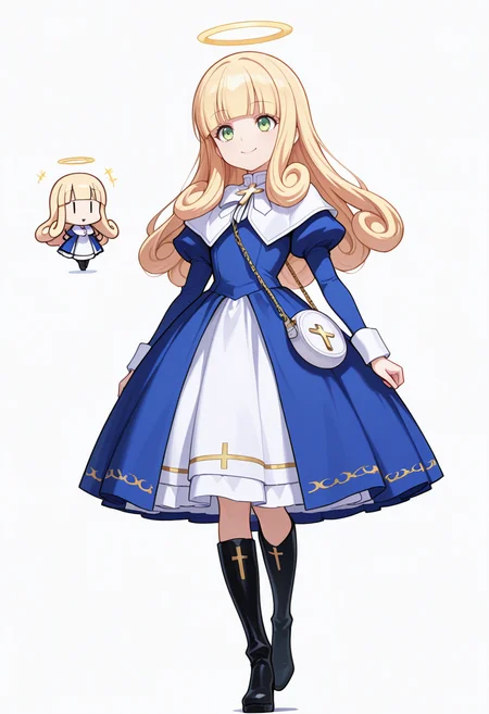 Smooth Quality,masterpiece,very intricate, high quality details, ultra realistic, high detailed skin,detailed enviorement,absurdres,
\||/,
 <lora:Poporon_CNR:0.8> poporon_cnr, 1girl, blonde hair, long hair,blunt bangs, green eyes, poporon_cnr_def, blue dress, long sleeves, puffy sleeves,cross,handbag, knee boots, halo,curly hair,, happy,, simple background, white background, dynamic angle,solo,