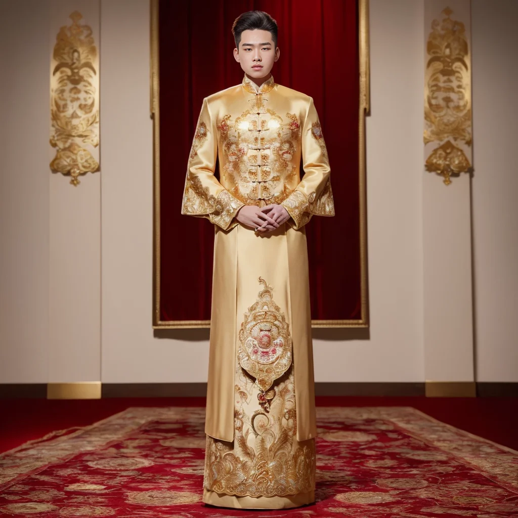 (8k, RAW photo, best quality, masterpiece:1.2), (realistic, photo-realistic:1.4), ultra-detailed, (young male internet celebrity),masculine style,perfect detail , make up,(full body:1.5),chinese style architecture,a man, a gold dress with a gold jacket on a mannequin,<lora:nzshs-10:0.8>