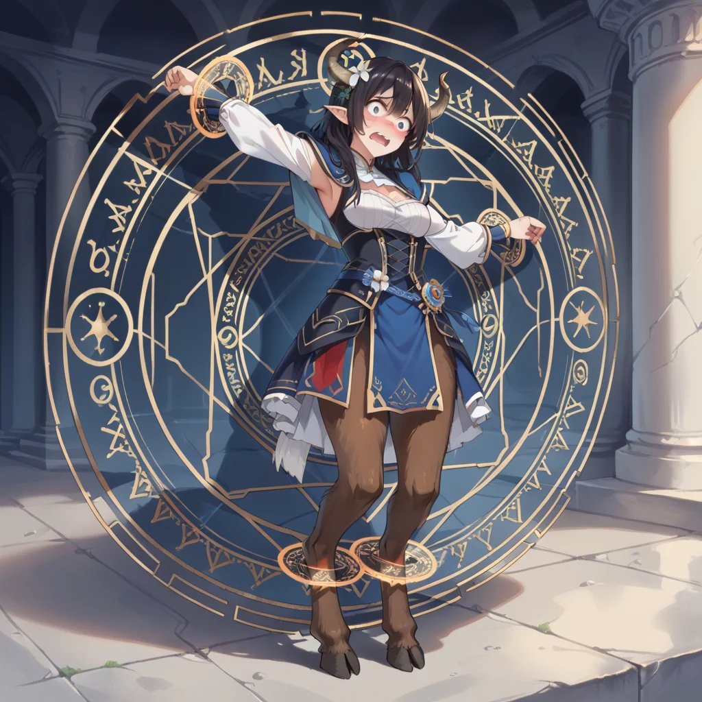 score_9, score_8_up, score_7_up, best quality, masterpiece, source_anime, BREAK, scared, blush, arm up. 1girl, <lora:restrained_magic_circle:1>magic circle, restrained, full body, Satyr Female,