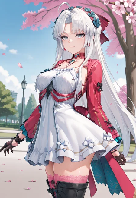 masterpiece,best quality,absurdres, amazing quality, very aesthetic, absurdres, shiny skin,
park, falling petals, cherry blossoms, cowboy shot, smile, medium breasts, from side,
<lora:CarlottaVP2-09:1> carlottavp2, 1girl, solo, white hair, long hair, parted bangs, blue eyes, dress, very long hair, gloves, black gloves, hair ornament, flower, ahoge, bow, white dress, pink thighhighs, collarbone, bare shoulders, jewelry, boots, hair bow, half gloves, sidelocks, gradient eyes, grey eyes, hairband, long sleeves, multicolored eyes, parted bangs, thigh boots,