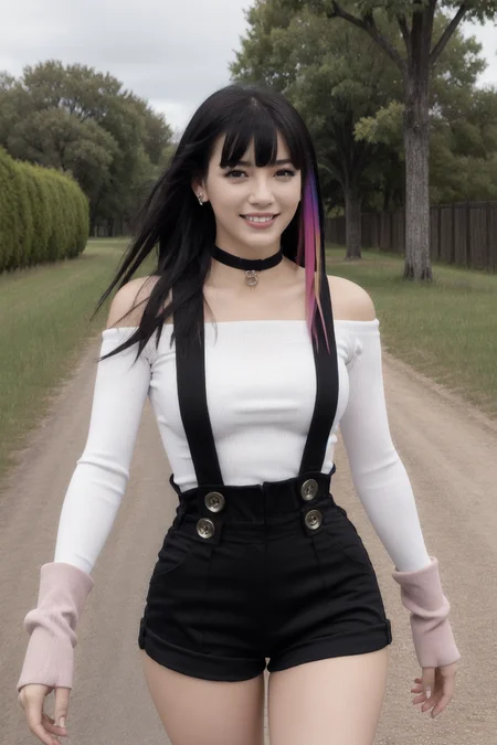 rouge redstar,1girl,pale skin, black hair, solo, long hair, pink eyes, black overall shorts,white shirt,off-shoulder shirt,suspenders,straps,buttons, indian red arm warmers,ear ornament, black choker, streaked hair, blunt bangs, looking at viewer,seductive smile, cowboy shot,stone wall, (best quality, masterpiece),blue sky,tree, long sleeves,clothing cutout, suspenders, <lora:rougue_redstar_v1:1>