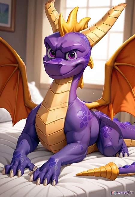 score_9, score_8_up, score_7_up, score_6_up, score_5_up, score_4_up, solo, rating_safe, source_furry, 1boy, bedroom, smile, full body, laying,
,
solo, dragon, horns, purple eyes, wings, claws
,
by_dreiker