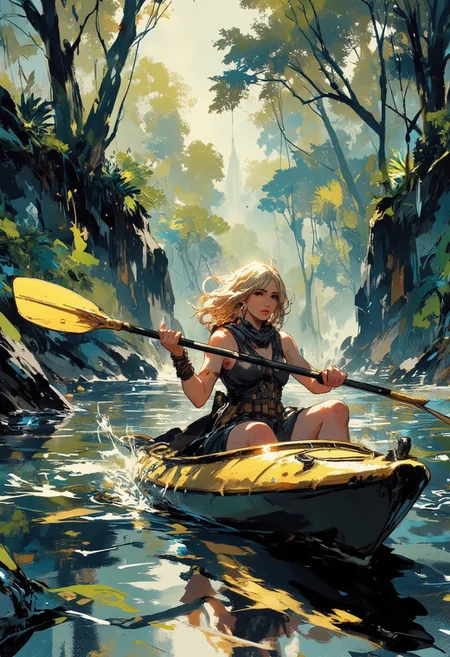 Mh1$AgThS2, intricate linework with expressive contrasts, soft lighting with dynamic highlights, In the style of ff-td, blonde woman paddling a kayak up a tropical rainforest river, rainforest trees, vines, reflections, diffuse dim light