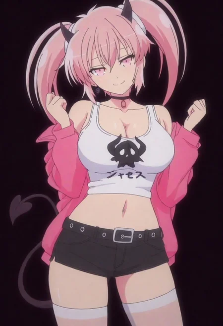 anime screencap, SenKagStyle, 1girl, solo, breasts, tail, pink_hair, horns, demon_tail, shorts, jacket, twintails, large_breasts, smile, looking_at_viewer, long_hair, navel, choker, black_background, pink_eyes, short_shorts, belt, demon_girl, pink_jacket, demon_horns, simple_background, tank_top, open_jacket, cleavage, black_shorts, open_clothes, thighhighs, off_shoulder, bare_shoulders, closed_mouth, head_tilt, hair_between_eyes, cowboy_shot, jewelry, micro_shorts, collarbone, black_choker, white_thighhighs, crop_top, bangs, earrings, clothes_writing, shirt, midriff, standing, see-through, contrapposto, long_sleeves