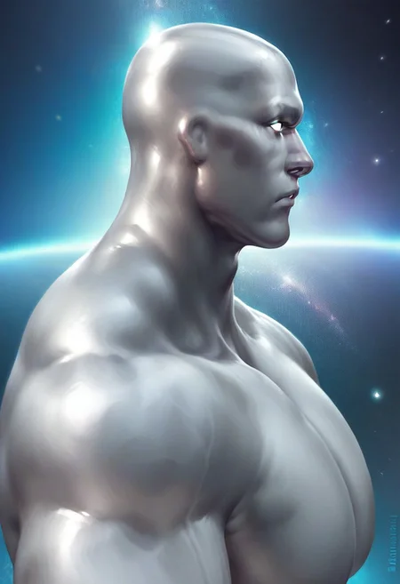 score_9, score_8_up, score_7_up, source_cartoon, solo, 1boy, ma_surfer, silver skin, bald, white sclera, muscular, portrait, hyper huge pecs, hyper huge nupples, side view, space, calm,