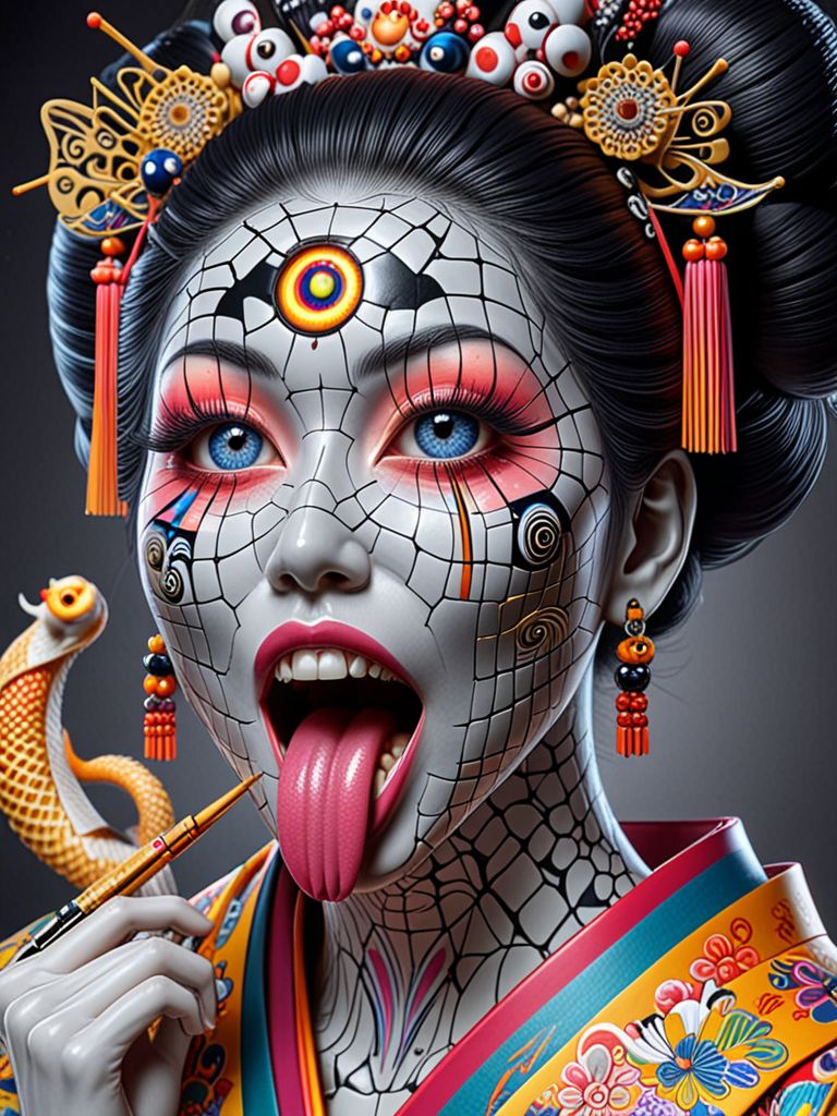 professional 3d model line art drawing breathtaking helios,full body geisha who sticks out his tongue ,eyes,mouth,teeth,psych,colorful .<lora:helios:1>  . award-winning, professional, highly detailed . professional, sleek, modern, minimalist, graphic, line art, vector graphics . octane render, highly detailed, volumetric, dramatic lighting