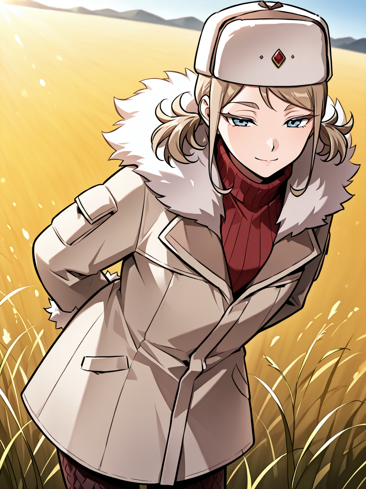 <lora:Omniscient_Readers_Viewpoint__Iris_Vladimirovna_Rebezova:1>
1girl, solo, light brown hair, short twintails, side hair strands, blue eyes, ushanka, 
beige winter coat, fur-trimmed coat, red turtleneck sweater, patterned tights, fur boots, thick gloves, white fur, winter hat, white hat with red gem, long sleeves, layered clothing, 
score_9, score_8_up, score_7_up, very aesthetic, source_anime, detailed, high quality, beautiful, masterpiece, detailed eyes, field, blurry background, pose dynamic angle, upper body, cowboy shot, light smile, floating hair, half-closed eyes, hands behind back, leaning forward, looking forward, looking at viewer