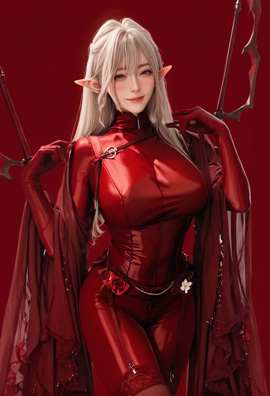 1girl,solo,red background,,ruanyi0884,bodysuit,garter belt,garter straps,red gloves,pointy ears,<lora:0884 Elf Girl 1_v1_pony:1>, score_9, score_8_up, score_7_up, score_6_up, score_9, score_8_up, score_7_up, score_6_up source_anime, blush, 1girl, seduce smile, perfect body , natural huge breasts