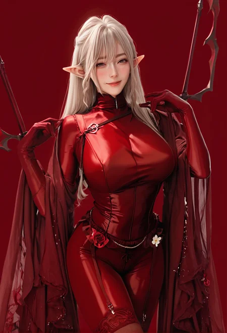 1girl,solo,red background,,ruanyi0884,bodysuit,garter belt,garter straps,red gloves,pointy ears,<lora:0884 Elf Girl 1_v1_pony:1>, score_9, score_8_up, score_7_up, score_6_up, score_9, score_8_up, score_7_up, score_6_up source_anime, blush, 1girl, seduce smile, perfect body , natural huge breasts