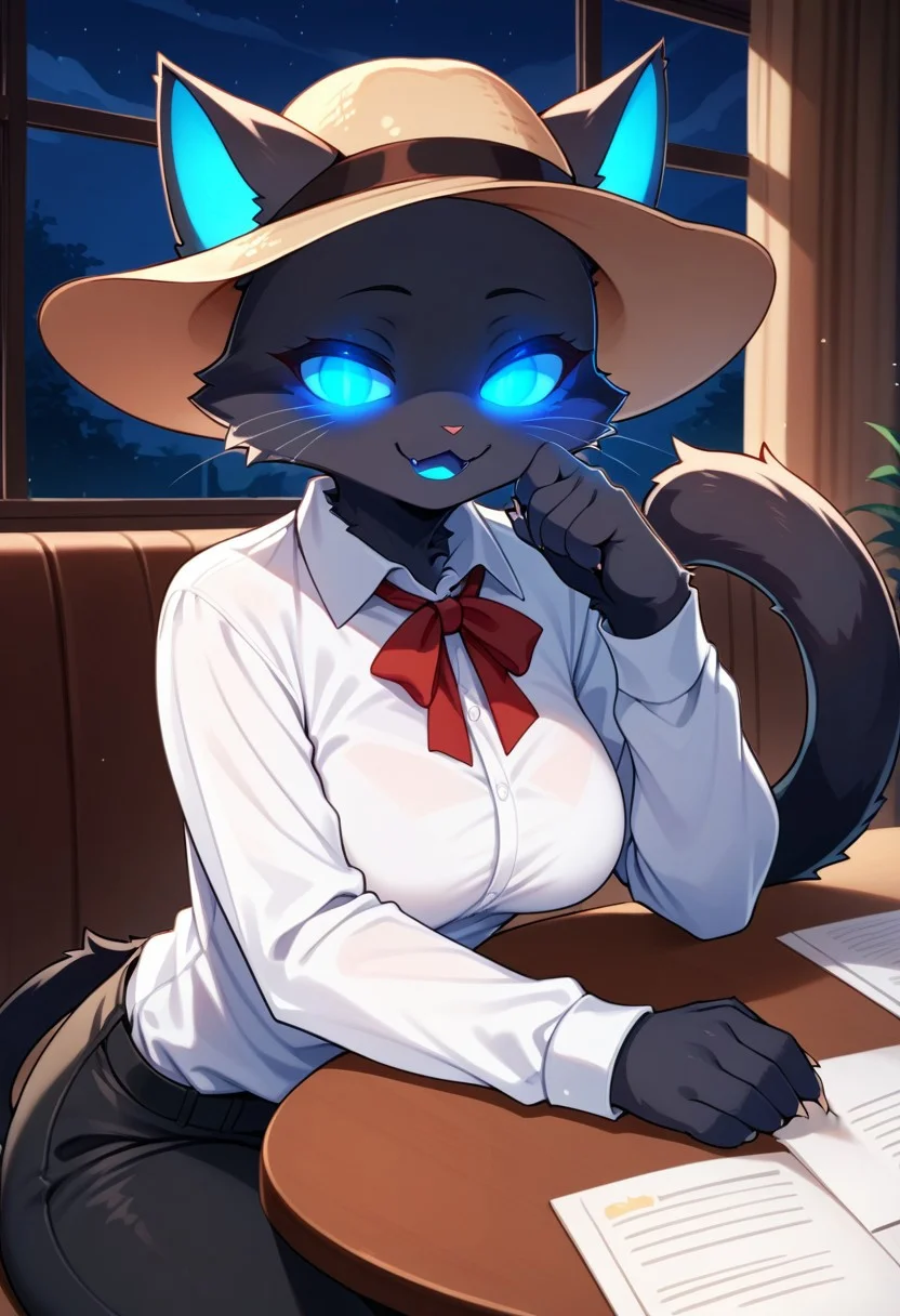 score_9, score_8_up, score_7_up, furry, 1 girl, cat girl, black fur, black pants, white shirt, blue eyes, blue mouth, sitting, indoors, near the table, half closed eyes, red neck ribbon, ears through hat, smile, night, glowing eyes, ((no hat))