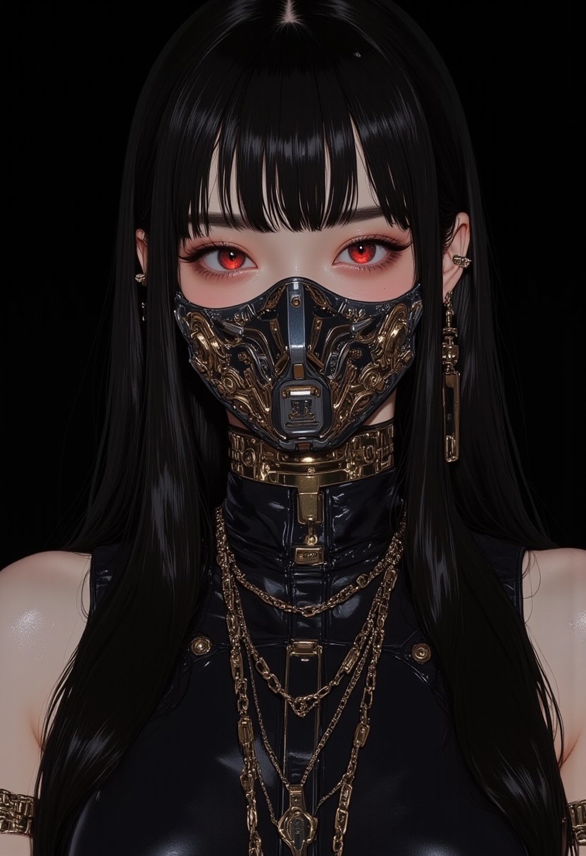 (HD, 8k, masterpiece artwork, pingtu style, illustration-fen, niji, gothic, erotic, anime) This is a highly detailed digital CGI artwork featuring a pale-skinned woman with long, straight obsidian-black hair and sharp bangs framing her delicate yet intense features. She wears an elaborate, futuristic black and gold mask adorned with intricate filigree patterns and cybernetic engravings, seamlessly blending gothic and sci-fi aesthetics. The mask’s glowing crimson eyes pulse with an eerie intensity, while a segmented metallic plate conceals her mouth, adding an enigmatic, machine-like presence. Her piercing gaze is accentuated with dark red eyeshadow, sharp winged eyeliner, and a subtle sheen on her flawless, porcelain-like skin.  
She is adorned with multiple gold chains draped across her neck and shoulders, exuding a regal, cyberpunk mystique. Gold-plated ear cuffs and delicate metallic embellishments trace her jawline, enhancing her futuristic allure. Her attire features a high-collared, form-fitting black bodysuit with gold circuit-like patterns running along the fabric, reflecting the dim light. The background is a deep, solid black, intensifying the contrast against her luminous skin and intricate accessories. The hyper-polished rendering captures every reflective surface, blending dark elegance with advanced cybernetics in a mesmerizing, otherworldly composition.