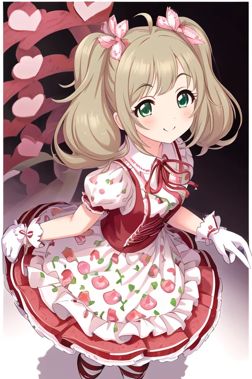Sato Shin, 1girl, ahoge, blonde hair, blush, cherry print, clenched hands, cross-laced clothes, cross-laced dress, dress, food print, frilled sleeves, frills, full body, gloves, green hair, hair ribbon, hanai yuyu, heart, idol, looking at viewer, neck ribbon, patterned background, print dress, ribbon, smile, solo, twintails, wavy hair, white gloves, green eyes
<lora:deresute-000016:1>