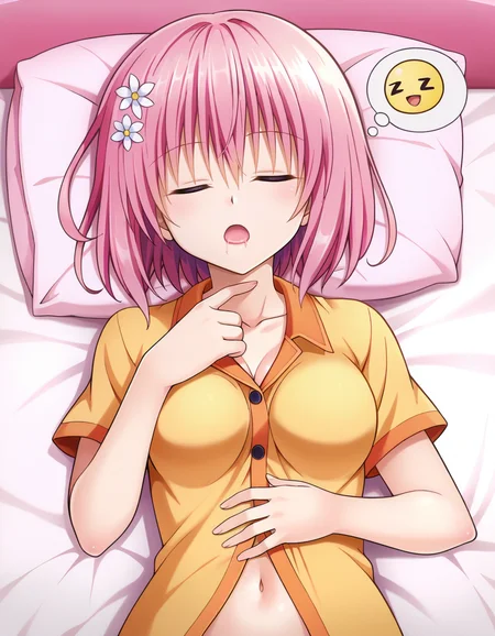 colorful, 1girl, solo, detailed background,  <lora:momodevilvXLPonyV1:0.7>, momodevil, To Love-ru, momo velia deviluke, bob cut, short hair, pink hair, purple eyes, medium breasts, bright colors, pastel, bright pink hair, hair flower, orange pajamas, lying, on back, sleeping, open mouth, heavy sleeping, zzz, navel, bed, bedroom, hand on own stomach, thinking, thinking emoji, thought bubble, saliva, saliva trail