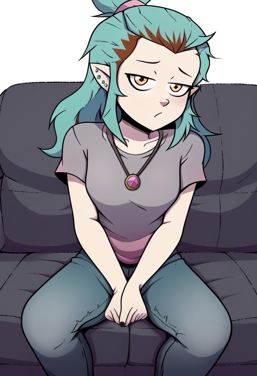 deadinsidestyle, cha, solo, sitting on lounge, jeans, grey t-shirt,