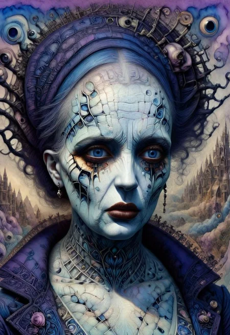 "(silhouette of mrs adams:2), perfectly bald, no hair at all, pale snow white skin, blue tattoos over skull, dark blue purple eye shadow extending to her temples. Scowling at the camera, poised to attack. highly detailed linework reminiscent of arne bendix sjur, bold texture, light and airy as Carl Larsson's compositions, Mrs adams from the adams family, pastel, elegance, dramatic lighting, expressive camera angle, mid shot, matte, concept art, linquivera"
Weight:1
"intricate details, HDR, beautifully shot, hyperrealistic, sharp focus, 64 megapixels, 16k resolution, shot on DSLR, sharp focus, perfect composition, high contrast, cinematic, atmospheric, moody, photorealistic, hyper detailed,