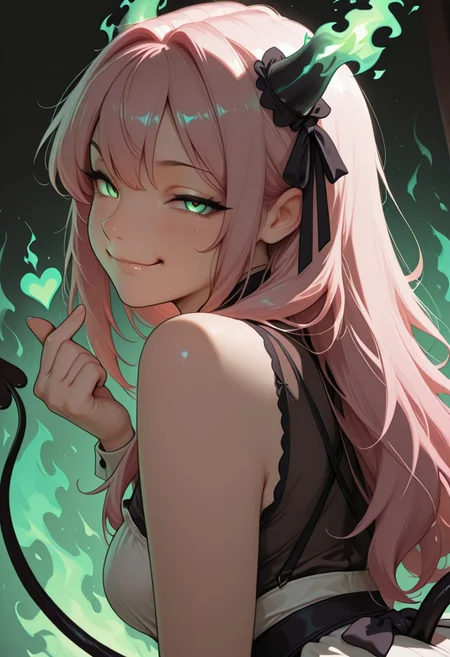 masterpiece, high_quality, highres, gradient, cinematic lighting, artist:moriimee,8k,
looking_at_viewer, [smirking], finger_heart gesture, devils tail, ribbons in hair, 
[Green_background], green fire, fire_background, dutch angle, side view, closeup, below view