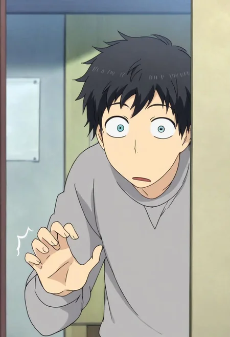 high resolution, solo, best quality, 1Boy, Arata Kaizaki, Black Hair, Blue Eyes, surprised, peeking out, OverallDetail