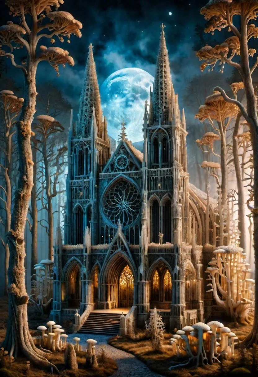 "A gothic cathedral with arches and spires crafted from ral-mycelium, in a misty forest clearing illuminated by moonlight <lora:ral-mycelium-sdxl:1>, <lora:EnvyBetterHiresFixXL01:0:hr=1>