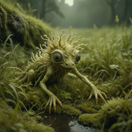 golden PXDlichenmutant, lurking in green grass, amazing nature, natural lighting, analog photo, detailed 4k, creepy creature, moss, stream, water, intricate image details,