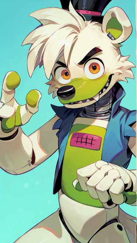 <lora:saucebear_ponyxl-10v1.2:1.7> score_9_up, score_8_up, score_7_up, source_furry, source_cartoon, outside, saucebear, bear ears, large canines, perfect canines, sabertooth, deep blue mini top hat, orange eyes, detailed eyes, green phalanges, four fingers, (((four fingers))), greenish-white body:1.2, (green color front, gray neck, metallic neck:1.5), wearing blue vest, loose vest, thin neck, solo, (looking at viewer), perfect body, detailed hands, toony hands, toony body, toony head, zPDXL2, detailed hat, male focus, nice background, (flat chest), fluffy head:0.8, BREAK, winter scene