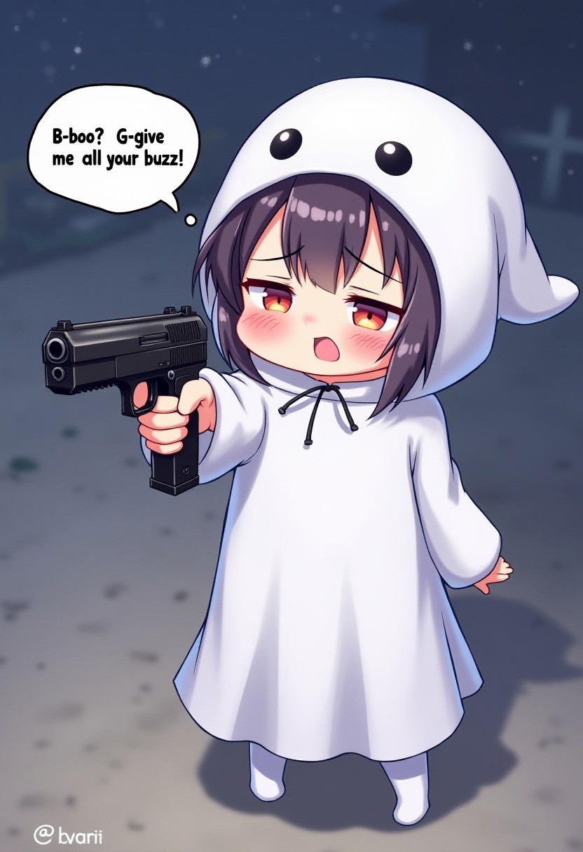 kawaii anime style, nervous girl wearing a ghost costume points a gun at viewer, Halloween, cute blush, speech bubble that says "B-boo? G-give me all your buzz!", high angle, night