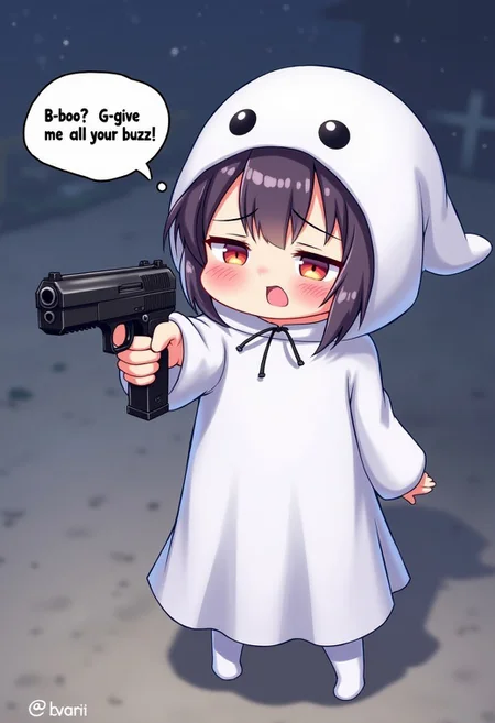 kawaii anime style, nervous girl wearing a ghost costume points a gun at viewer, Halloween, cute blush, speech bubble that says "B-boo? G-give me all your buzz!", high angle, night