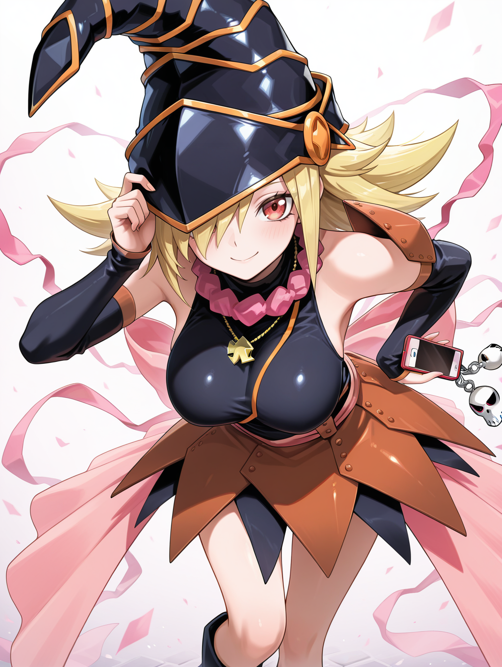 gagaga girl, 1girl, solo, smile, hair over one eye, looking at viewer, large breasts, medium breasts, smartphone, black skirt, black wizard hat, black leotard, black detached sleeves, pink ribbon, pink necklace, holding smartphone, leaning forward, black knee boots, gold necklace, skull cellphone charm
masterpiece,best quality,amazing quality,very aesthetic,absurdres,newest,<lora:Gagaga girl illuXL v1.2:0.74>,