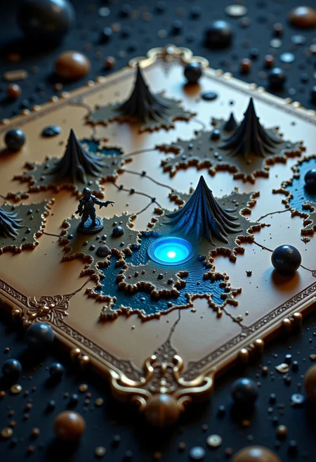 This photograph showcases a meticulously detailed, enchanted map resting on a dark, textured surface, its surface embossed with shifting ink that seems to reveal new landscapes each time you blink. The map’s edges are gilded in gold, with small crystal markers at various points. In one corner, a miniature knight is seen battling an ethereal specter, their clash captured mid-movement as the specter wraps its shadowy tendrils around the knight’s weapon. The map’s center glows with a soft, blue light, highlighting a single, ominous mountain as if daring the viewer to find it.
