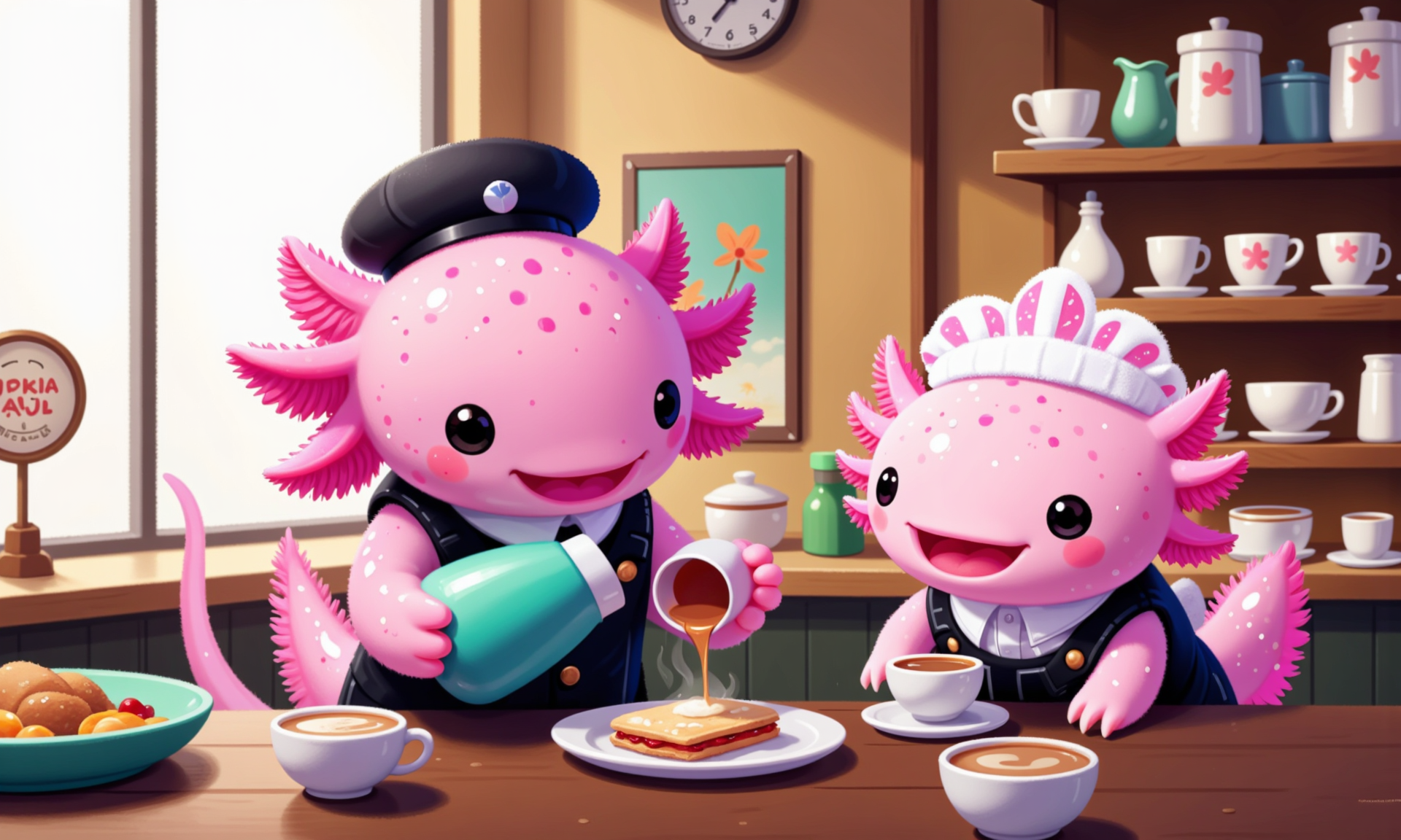 pikaole, axolotl, side view of a pink axolotl in a breakfast diner, wearing a tiny uniform and pouring steaming coffee into a miniature cup for another axolotl sitting at the counter; its frilly gills are perked up as it smiles warmly, while behind them, shelves of coffee cups, syrup bottles, and tiny plates are displayed; morning sunlight illuminates the cozy diner interior, with a tilt-shift effect softly blurring the background, enhancing the sceneâs intimate, nostalgic feel and adding lifelike depth and realism, happy axolotls<lora:Axomodel_Flux_V1.1.safetensors:0.85:0.85> <lora:Pikaole v2 (FLUX)_v2_E6.safetensors:0.75:0.75>