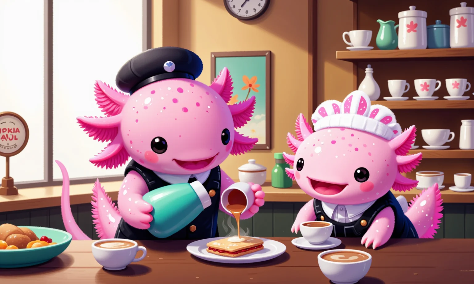 pikaole, axolotl, side view of a pink axolotl in a breakfast diner, wearing a tiny uniform and pouring steaming coffee into a miniature cup for another axolotl sitting at the counter; its frilly gills are perked up as it smiles warmly, while behind them, shelves of coffee cups, syrup bottles, and tiny plates are displayed; morning sunlight illuminates the cozy diner interior, with a tilt-shift effect softly blurring the background, enhancing the sceneâs intimate, nostalgic feel and adding lifelike depth and realism, happy axolotls<lora:Axomodel_Flux_V1.1.safetensors:0.85:0.85> <lora:Pikaole v2 (FLUX)_v2_E6.safetensors:0.75:0.75>