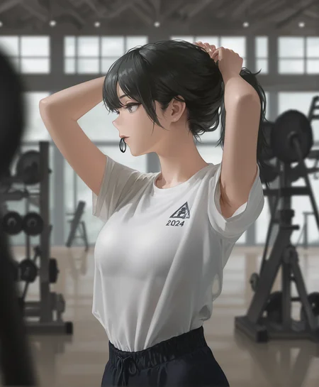 very awa,  <lora:ocanadana_ill:1.0>,  1girl, black hair, tying hair, facing to the side,  gym,  masterpiece, [best quality:0.15], newest, absurdres, very aesthetic, best quality, year 2024, newest,