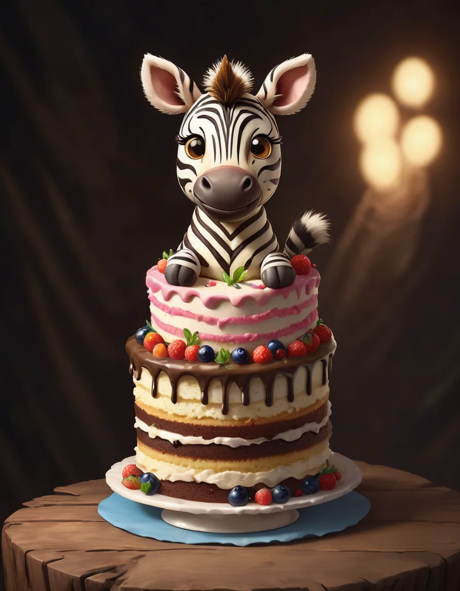 <lora:FoodPets:0.8> Foodpets very cute appealing anthropomorphic birthday cake zebra, looking at the viewer, macro, cinematic lighting, fantasy art, dynamic composition, epic realistic, award winning illustration