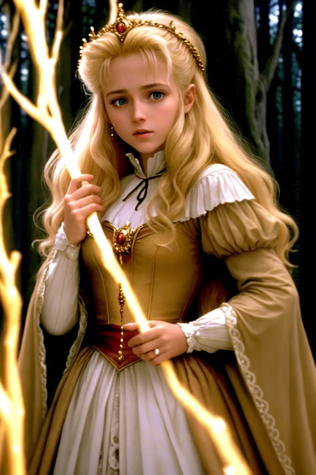 princess blonde hair royalty standing dark forest moonlight movie studio
(analog film:1.3) (vhs movie) (photorealistic) (screencap) (cinematic lighting) (sharp focus) (80sDarkFantasySD15b:1.0)