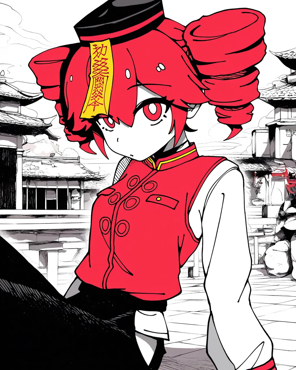 best quality, highres, masterpiece, very awa, newest, 2024,outdoors, limited palette, spot color, hatching \(texture\),
1girl, solo,
chinateto, kasane teto, black hat, ofuda, red vest, white shirt, hip vent, black pants,
<lora:odochina:.5>
<lora:KarasuChan1204:1>