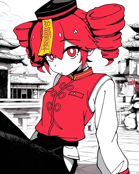 best quality, highres, masterpiece, very awa, newest, 2024,outdoors, limited palette, spot color, hatching \(texture\),
1girl, solo,
chinateto, kasane teto, black hat, ofuda, red vest, white shirt, hip vent, black pants,
<lora:odochina:.5>
<lora:KarasuChan1204:1>