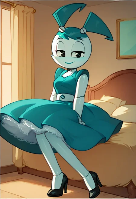 (Masterpiece, best quality:1.2), score_9, score_8_up, flat color, flat shading, soft shading, lighting, Jenny Wakeman as an adult, in a 1950's full length formal blue skirt, a white belt, button down v-neck formal black top, a fluffy frilly ruffled full white petticoat, and black high heels, dress, layered petticoat, frilly petticoat, fluffy petticoat, full petticoat, detailed petticoat ((wide skirt, detailed outfit, flowing skirt, long skirt, solid blue colored skirt, black high heels)), blue hair, series accurate, cute, best high quality, high res, robot, humanoid robot, medium breasts, whole body shot, 1girl, ((solo, inside, in a romantic bedroom, sitting on the bed, sitting, bent knees, looking at you, low angle)), cute, seductive, seductive smile, half lidded eyes, low angle shot, cartoon, cartoon style, vector, solo, circle dress, 1950s, whisperfoot_style, dance dress jenny, jenny wakeman, 1girl, solo, robot joints, black eyes, white skin, ponytail, hair bow, blue rose chest corsage, poofy dress, blue hair, flat lighting