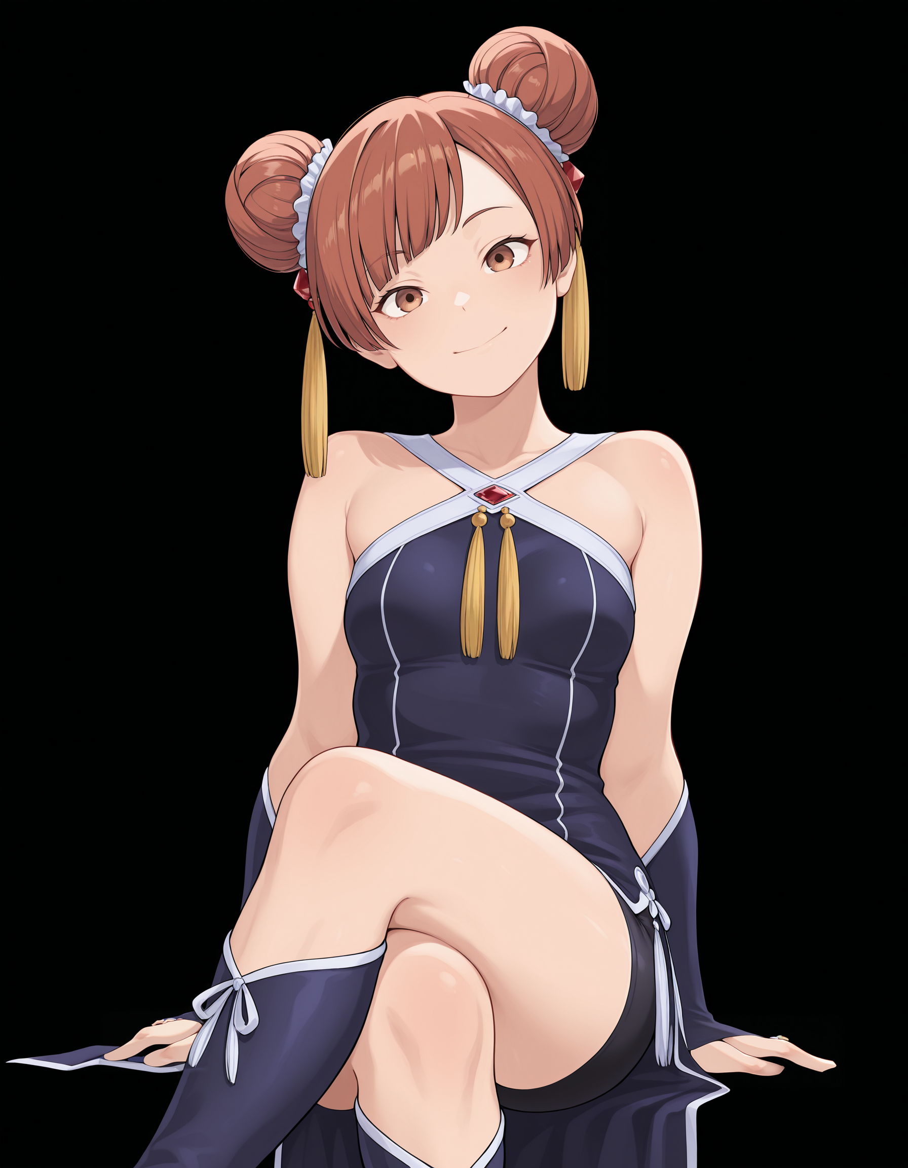 <lora:Laufen_1:1>1girl, solo, 
lauf3n, hair bun, double bun, brown eyes, brown hair, swept bangs, 
 lauf3ndef, criss-cross halter red gemstone, tassel hair ornament, bare shoulders, shorts under dress, black bike shorts, china dress, bridal gauntlets, blue footwear,
straight-on, closed smile, sitting, crossed legs, arms behind, head tilt, 
(solid black background:1.4), simple background, 
small breasts,, masterpiece, best quality, amazing quality, masterpiece, best quality, amazing quality