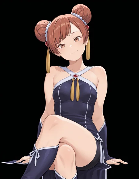 <lora:Laufen_1:1>1girl, solo,
lauf3n, hair bun, double bun, brown eyes, brown hair, swept bangs,
lauf3ndef, criss-cross halter red gemstone, tassel hair ornament, bare shoulders, shorts under dress, black bike shorts, china dress, bridal gauntlets, blue footwear,
straight-on, closed smile, sitting, crossed legs, arms behind, head tilt,
(solid black background:1.4), simple background,
small breasts,, masterpiece, best quality, amazing quality, masterpiece, best quality, amazing quality