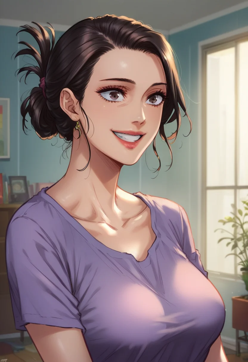 score_9, score_8_up, score_7_up,<lora:xl_more_art-full_v1:0.8>,
<lora:Anime Summer Night Style SDXL_LoRA_Pony Diffusion V6 XL:0.48>,
 BREAK <lora:abv3-qbv5-pony-64-resd:0.6>, \(aimee woman,p4rpl3 shirt,scoop neck,folded ponytail,(shiny skin: 0.7)\),talking to,
smiling,(illustrated),room,rim lighting,extremely detailed,32k,(zPDXL:0.9),