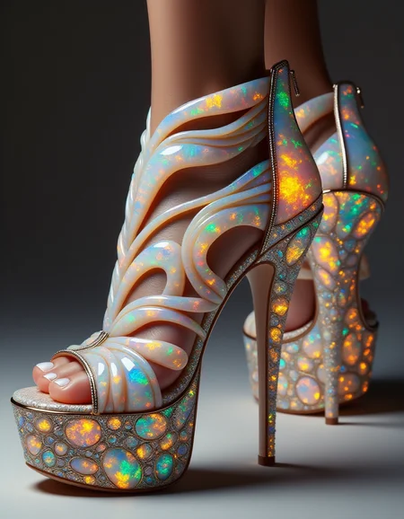 A pair of opulent high-heeled shoes adorned with flowing ral-opal embellishments along the straps and heels. The opal radiates a mesmerizing spectrum of pink, orange, and turquoise, creating shimmering reflections with every step. The polished leather contrasts with the glowing opal material, making these heels a stunning statement of luxury and elegance
<lora:ral-opal-flux_000004000:1>